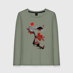 Лонгслив хлопковый женский Рисунок Сакура, цвет: авокадо