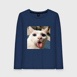 Лонгслив хлопковый женский Мем про кота, цвет: тёмно-синий