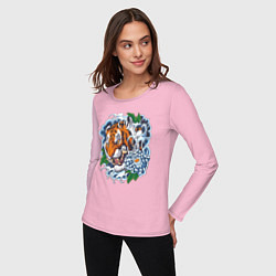 Лонгслив хлопковый женский Тигр в цветах, цвет: светло-розовый — фото 2