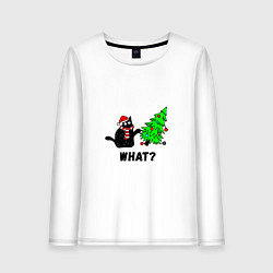 Лонгслив хлопковый женский Кот роняет елку, цвет: белый
