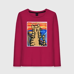 Лонгслив хлопковый женский Орущий кот пародия на Крик Мунка, цвет: маджента
