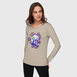 Лонгслив хлопковый женский Mushrooms & Skull, цвет: миндальный — фото 2