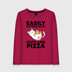 Лонгслив хлопковый женский Легко отвлекаюсь на котов и пиццу, цвет: маджента