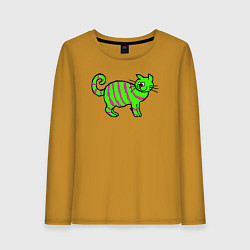 Лонгслив хлопковый женский Зеленый полосатый кот, цвет: горчичный