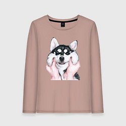 Лонгслив хлопковый женский Тискание хаски, цвет: пыльно-розовый
