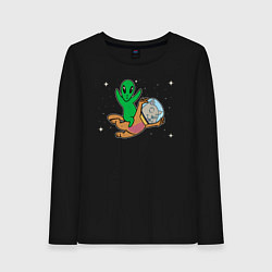 Лонгслив хлопковый женский Пришелец на коте в космосе, цвет: черный