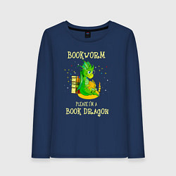 Лонгслив хлопковый женский Книжный червь Нет, я книжный дракон, цвет: тёмно-синий