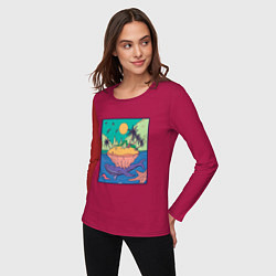 Лонгслив хлопковый женский Тропический остров и Кит, цвет: маджента — фото 2