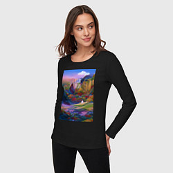 Лонгслив хлопковый женский Абстрактный пейзаж, цвет: черный — фото 2