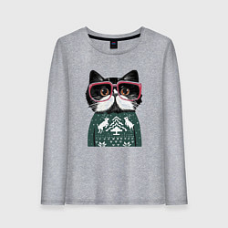 Лонгслив хлопковый женский Умный кот в очках в новогоднем свитере, цвет: меланж