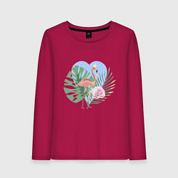 Женский лонгслив Розовый фламинго на фоне пальмовых листьев и сердц