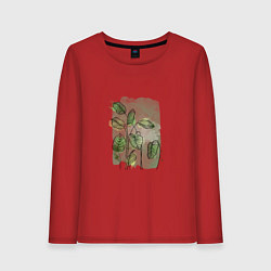 Лонгслив хлопковый женский Нежные листья на акварельном фоне, цвет: красный