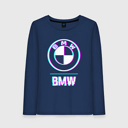 Лонгслив хлопковый женский Значок BMW в стиле glitch, цвет: тёмно-синий
