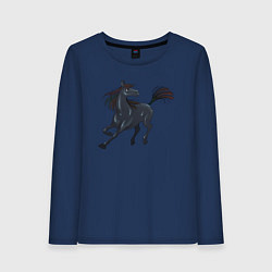 Лонгслив хлопковый женский Лошадь мустанг, цвет: тёмно-синий