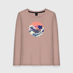 Лонгслив хлопковый женский Ретро дизайн большие волны и пальмы, цвет: пыльно-розовый