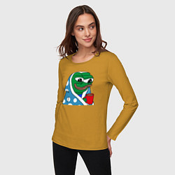 Лонгслив хлопковый женский Frog Pepe мем, цвет: горчичный — фото 2