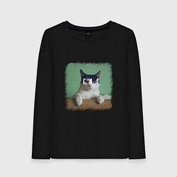 Лонгслив хлопковый женский Мем - голодный кот, цвет: черный