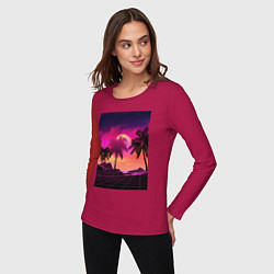 Лонгслив хлопковый женский Пальмы и пляж в розовом закате, цвет: маджента — фото 2