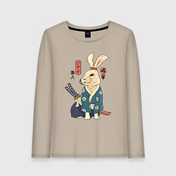 Лонгслив хлопковый женский Кролик самурай с мечом, цвет: миндальный