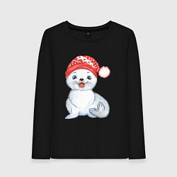 Лонгслив хлопковый женский Новогодний тюлень, цвет: черный
