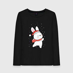 Лонгслив хлопковый женский Кролик в шапке и шарфе арт, цвет: черный
