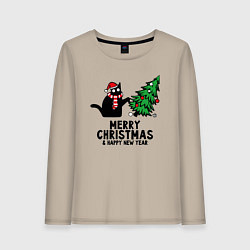 Женский лонгслив Кот роняет новогоднюю ёлку