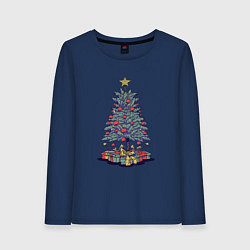 Лонгслив хлопковый женский Новогодняя елка с подарками, цвет: тёмно-синий