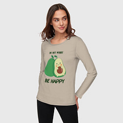 Лонгслив хлопковый женский Dont worry be happy - avocado, цвет: миндальный — фото 2