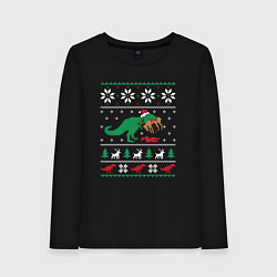 Лонгслив хлопковый женский Новогодний тирекс - ugly sweater, цвет: черный