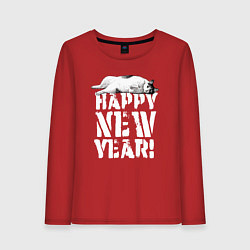 Лонгслив хлопковый женский Happy new year - кошечка, цвет: красный