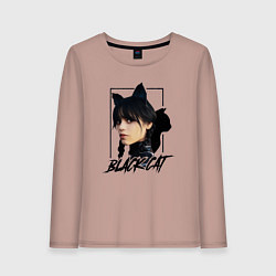 Лонгслив хлопковый женский Wednesday Black cat, цвет: пыльно-розовый