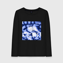 Лонгслив хлопковый женский Аниме глаза на синем фоне с иероглифами, цвет: черный