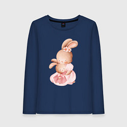 Лонгслив хлопковый женский Зайка обнимает зайчонка, цвет: тёмно-синий