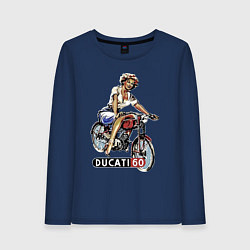 Лонгслив хлопковый женский Красивая девушка на мотоцикле Ducati - retro, цвет: тёмно-синий