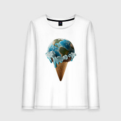 Лонгслив хлопковый женский Земля в виде таящего шарика мороженого на рожке, цвет: белый