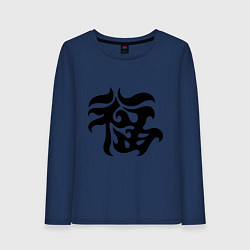 Лонгслив хлопковый женский Японский иероглиф - Удача, цвет: тёмно-синий