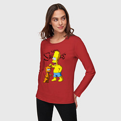 Лонгслив хлопковый женский Барт Симпсон и Снежок - нейросеть - мультфильм, цвет: красный — фото 2