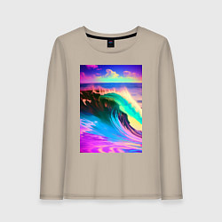 Лонгслив хлопковый женский Неоновая волна - тихий океан, цвет: миндальный