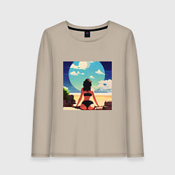 Лонгслив хлопковый женский Девушка на пляже, цвет: миндальный