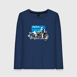 Лонгслив хлопковый женский Ретро мотоцикл акварелью, цвет: тёмно-синий