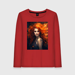 Лонгслив хлопковый женский Девушка с огненными волосами: создана нейросетью, цвет: красный
