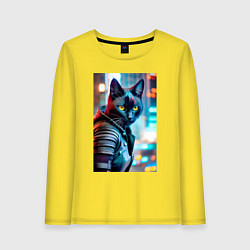 Лонгслив хлопковый женский Модный котик на фоне городских огней, цвет: желтый