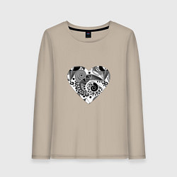 Лонгслив хлопковый женский Сердце с абстрактным черно-белым узором, цвет: миндальный