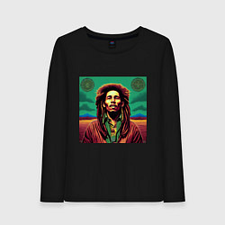 Лонгслив хлопковый женский Digital Art Bob Marley in the field, цвет: черный