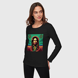 Лонгслив хлопковый женский Digital Art Bob Marley in the field, цвет: черный — фото 2