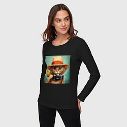 Лонгслив хлопковый женский Кот в соломенной шляпе с фотоаппаратом, цвет: черный — фото 2