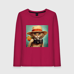 Лонгслив хлопковый женский Кот в соломенной шляпе с фотоаппаратом, цвет: маджента