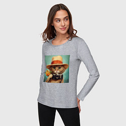 Лонгслив хлопковый женский Кот в соломенной шляпе с фотоаппаратом, цвет: меланж — фото 2