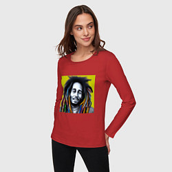 Лонгслив хлопковый женский Разноцветные дреды Боба Марли граффити, цвет: красный — фото 2