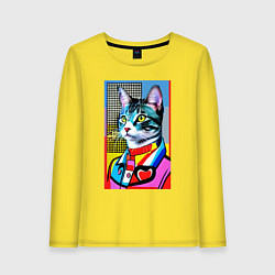 Лонгслив хлопковый женский Стильный кот - поп-арт, цвет: желтый